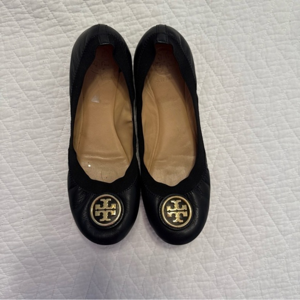 Tory Burch Black Flats with Gold Logo